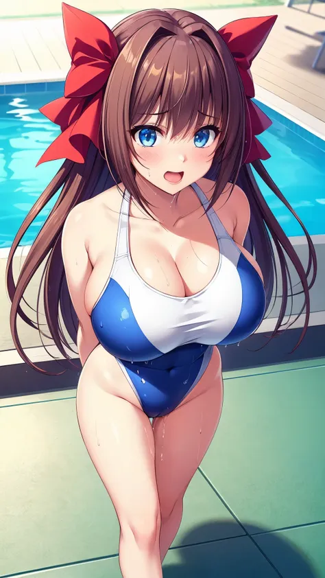 best quality,1girl,((big breasts:1.5)),curvy,orgasm,ahegao,blush,arms behind back, blue eyes, bow, white , brown hair, red bows,...