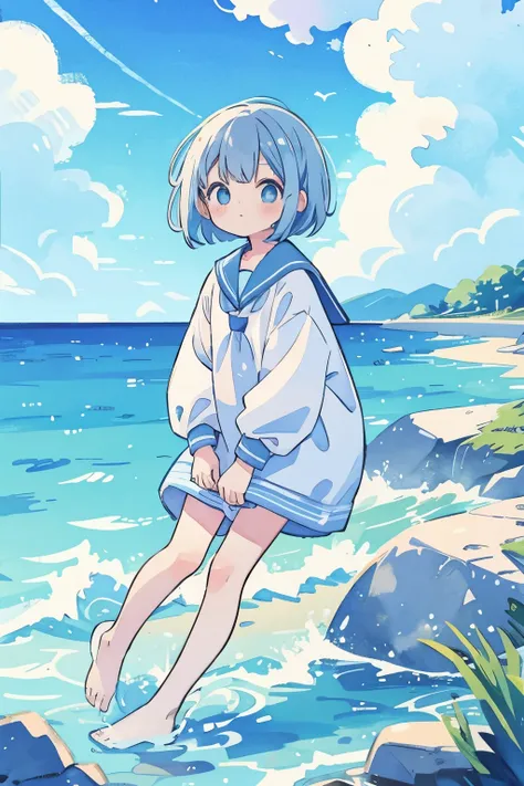 Watercolor、Pale blue、Sailor suit、Bob Hair、Ramune、Ocean