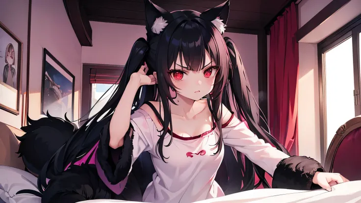 An 18 year old girl, long black fur, Red eyes, pink pajamas, she is very angry in her room.