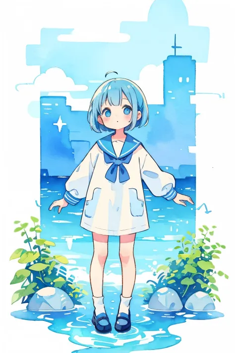 Watercolor、Pale blue、Sailor suit、Bob Hair、Ramune、Watercolor