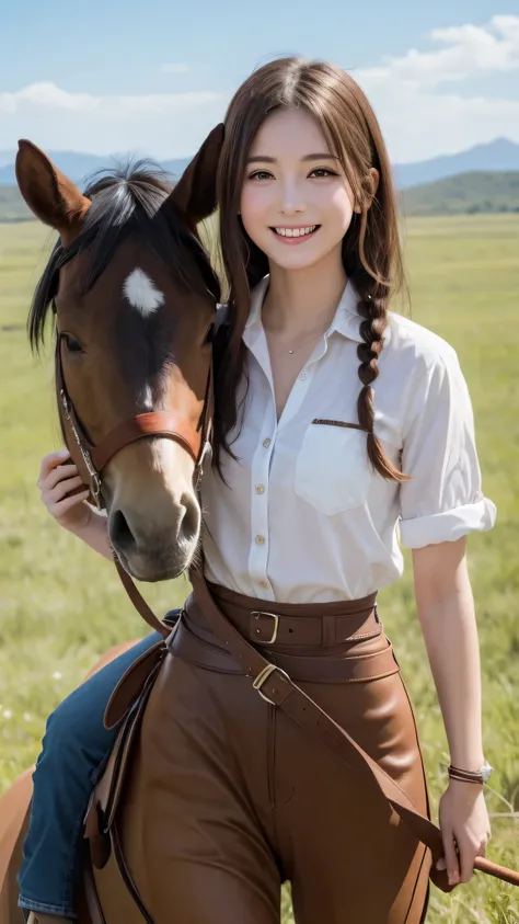 Best picture quality (8k, high resolution, Masterpiece: 1.2), super detailed,  215 Short Hair,Three braids long hair, 26-year-old woman, 

Extraordinary beautiful girl、Cute and beautiful face details、(Facing the children_v1:0.008)、

A cowboy situation on h...