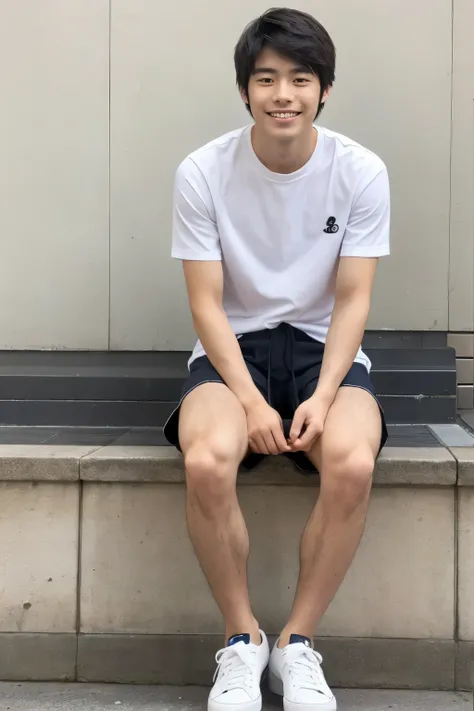 Japanese, male, university student, Wearing shorts, Sitting, ((full body)), (super sharp focus), (Hairy legs), smile, Anatomically correct,