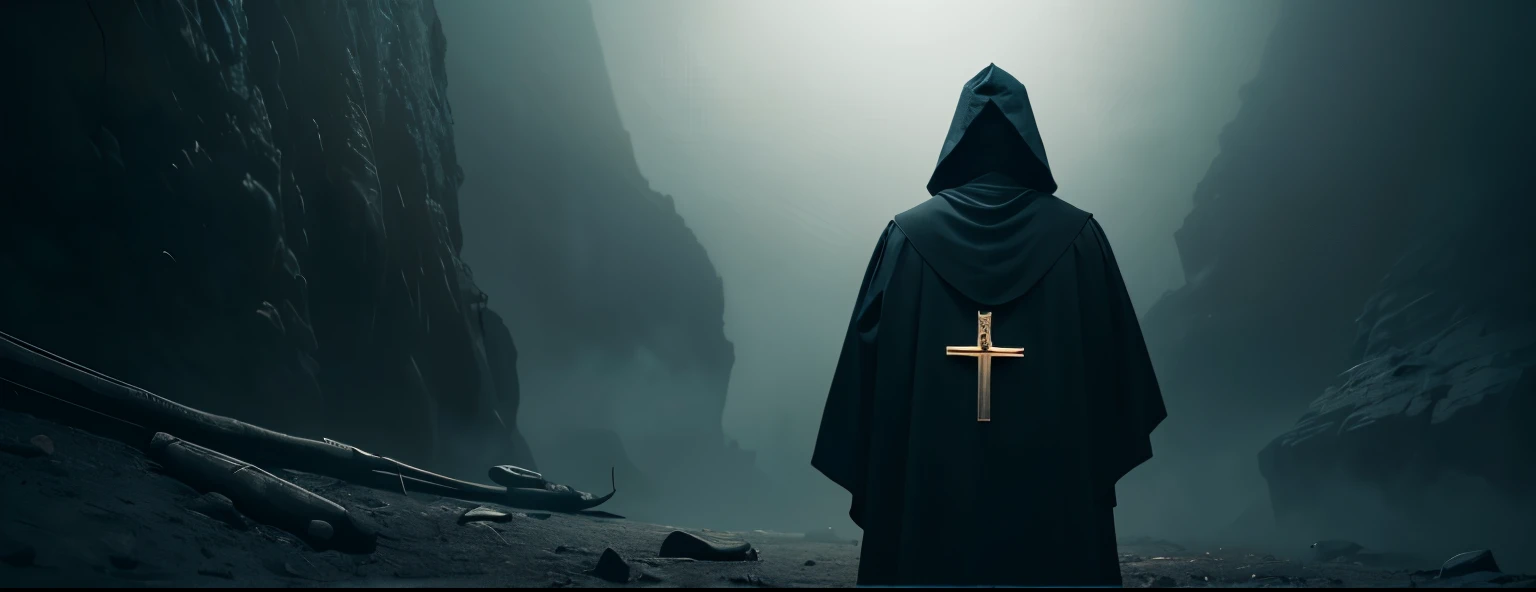 a mysterious orthodox priest, black hooded robe, long robes, holding a human skull in right hand, holding an orthodox cross in left hand, on top of a dark mountain, intricate details, cinematic lighting, dramatic shadows, muted color palette, moody atmosph...