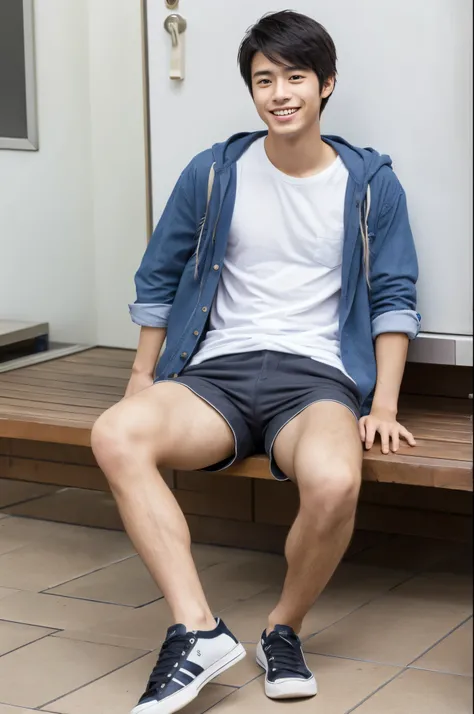 Japanese, male, university student, Wearing shorts, Sitting, ((full body)), (super sharp focus), (Hairy legs), smile, Anatomically correct,