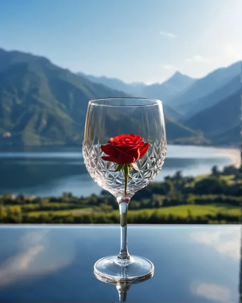 The sun in a crystal glass by the sea, against the background of the mountains, a glass of regular classical shape, opened from above, below, next to the glass, is a red rose, high-quality realistic photography