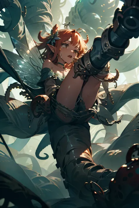  ((best quality)), ((masterpiece)), (detailed), 1 fairy girl, off-shoulder sweater, a fairy, fairy girl, winged pixie girl, girl fairy, various different types of insect wings, small breasts, NSFW，Covered with tentacles, encoiled by tentacles, Tentacles ar...