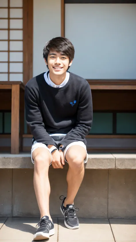 Japanese, male, university student, Wearing shorts, Sitting, ((full body)), (super sharp focus), (Hairy legs), smile, Anatomically correct,