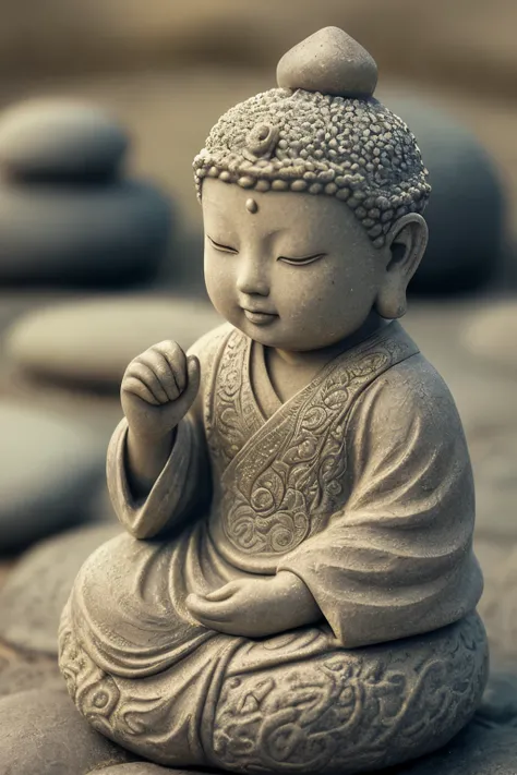 Little Buddha, (statue: 1.2), intricate details, (zen garden background: 1.3), serene expression, soft lighting, (realistic stone texture: 1.4), high resolution, (lifelike: 1.5), detailed robes, (intricate patterns: 1.6), close up, masterpiece, best qualit...