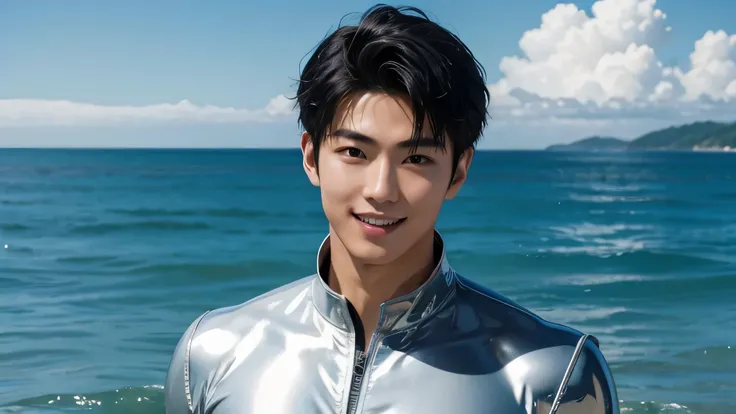 Handsome Japanese male models 　Black Hair　　Short cut　　　　Slim figure　　　smile　looking at the camera　　　　soaked　Ocean　Shiny white and silver suit　　　A shiny silver latex suit that covers the skin　Bulge　　クローズup　 Bright blue sky　　up　