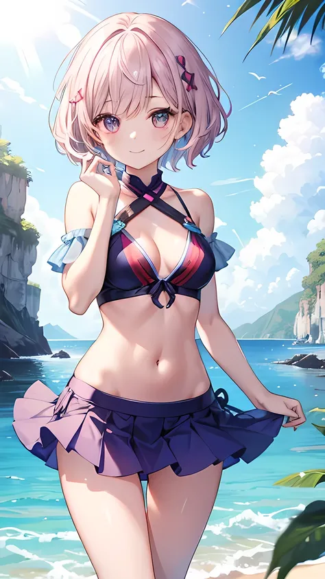 best quality, award winning, anatomically correct、Healthy 20 year old woman、Pixie Cut、Super Shortcuts、Tight waist、Short legs、Super mini bikini skirt、Flare bikini、A bright smile