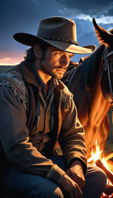 western cowboy wearing a ten-gallon hat resting by a campfire at night, his loyal horse by his side, cattle resting in the dista...