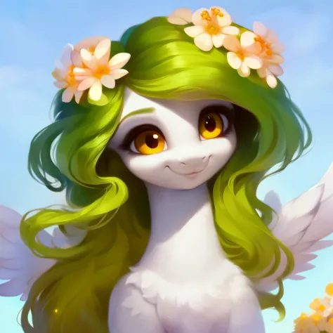 rating_safe, score_9, fluffy,   a child ， a little pegasus pony with spread wings.round cute face。She had white skin, Springgreen mane, long mane，a happy smile, clear golden eyes. happily，only 2 wings。She is a spiritually curious child。In the flowers