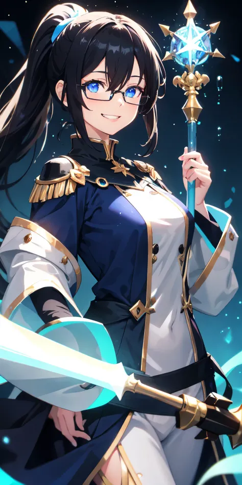 colorful, 1girl, mature, black glasses, ponytail haircut, hair between eyes, grin, black hair, blue eyes, medium breast, staff, holding a staff, blue rain, glow, glowing weapon, water particles, mage uniform, wallpaper, chromatic aberration,