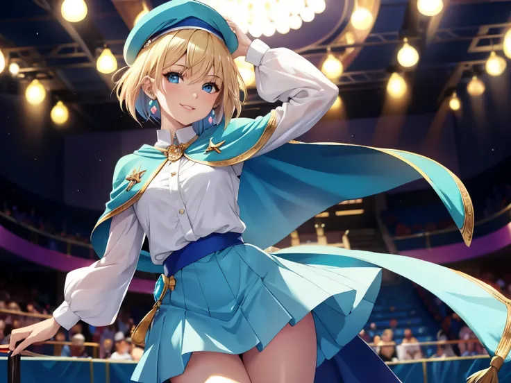 Faiyoeno-style, masterpiece, best quality, 1 Girl, 21 years old, Smile, Pink lips, Aqua eyes, Blue beret, Blonde Hair, Shut up, earrings, have, gem earrings, Jewelry, Looking at the audience, mini skirt, shirt, Blue cape, short hair, Solitary, Cowboy shoot...