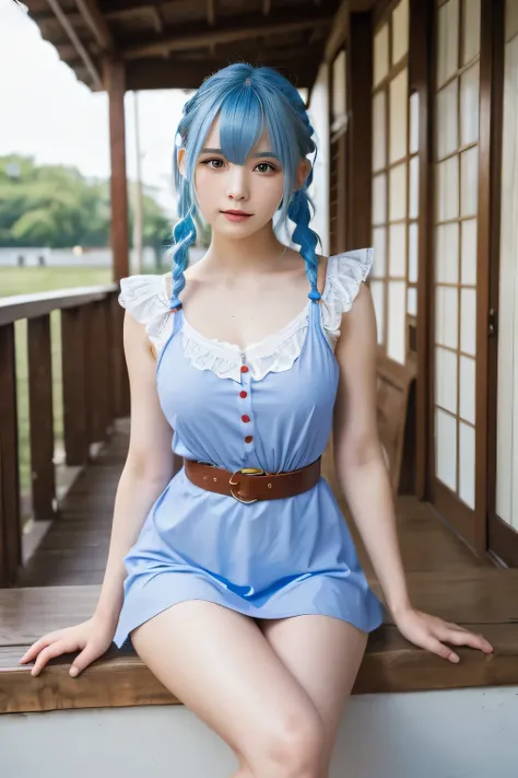 ((One girl)), 20 years old, Japan, RAW, 8k, highest quality, masterpiece high definition, ultra realistic sweet girl, beautiful face, beautiful body, natural light, (delicate human skin texture, detailed beautiful face), (whole body),Dragon Ball Bulma Cosp...