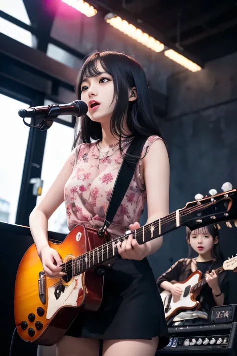 (RAW quality:1.4), (masterpiece, Highest quality)、live house、Cute girl guitarist、Dark Eyes、Gorgeous lighting、Tight mini skirt、Black Hair、Japanese women、Stand microphone、