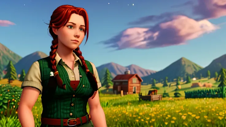 1 girl, Stardew valley Leah, red hair, 25 years old, single braid, green short sleeve shirt, dark green vest, dark gray cargo pants, tan hiking boots, wearing belt, small amount of tummy showing