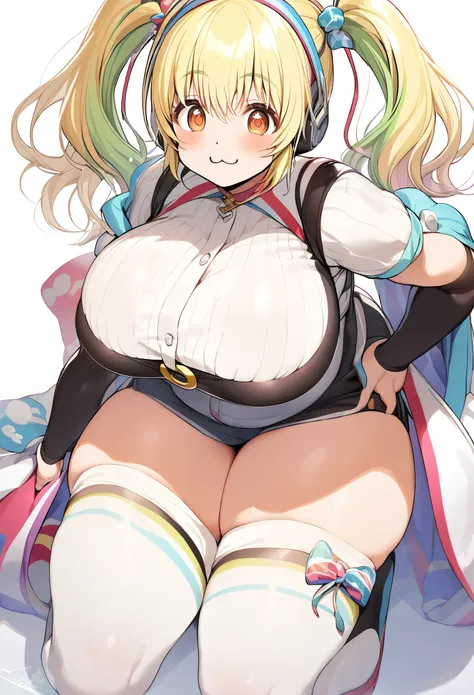 (super pochaco:1.5), plump (blonde) with thick thighs, pigtails, :3 face, big beautiful breasts, modeling