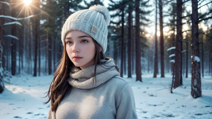 Create a photorealistic image of a captivating American army woman stationed in a winter landscape. 26 years old. Envision her clad in a stylish short top, army pants, and a snug beanie, exuding confidence and resilience against the cold. Large hips, big b...