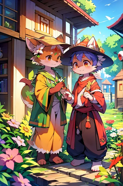 fox boy,(Dagashi street: 1.1)Detailed Background,Furry Characters,Furry,Flower field 8K resolution,Detailed Background,holding flowers in hand,Stand on your feet,Ethnic costumes