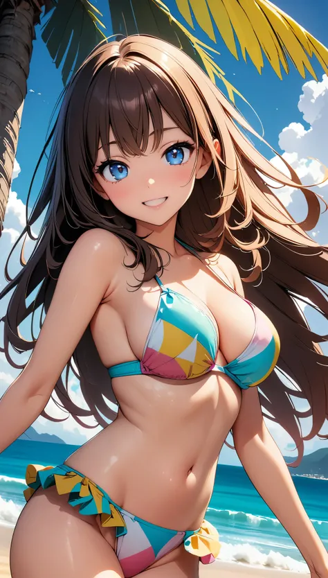  1 female, Long brown hair, blue eyes, (Beautiful Face), Smooth straight hair, plant, smile, Colorful Pop Bikini, Ocean, water, bring a beach ball:1.2, Palm tree, sunny, Ocean風が吹く, Delicate and beautiful CG art, (Dynamic Angle, Dynamic Lighting), (Highest ...