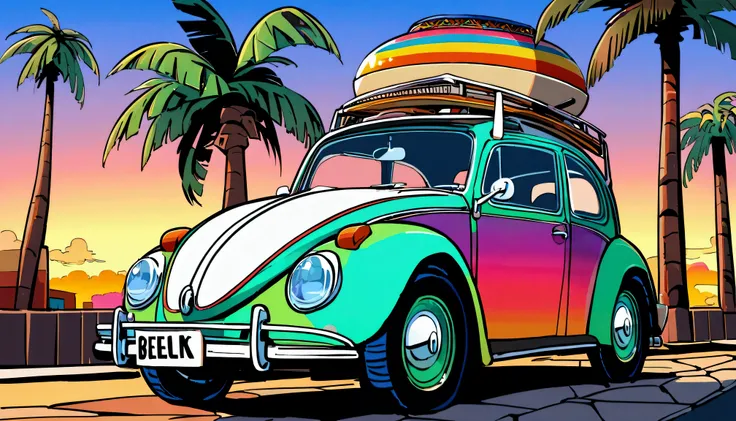 ((ＴShirt Design)), Volkswagen Type 1　beetle, Sunset background, Palm tree, Layers with 5 colors, Corner Street, Belek&#39;s Drums, Plethean, 