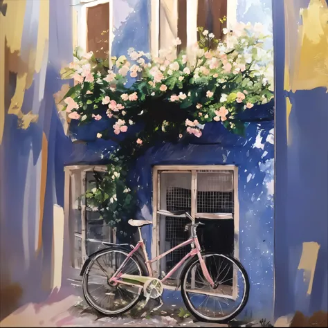 masterpiece, beautiful, distinct, best aesthetic, super fine illustration, pink bicycle, parked, blue building, white windows, red roof, sunny day, street, cars parked, trees, green leaves, low angle, Impressionism, Van Gogh style, Impasto, Sfumato, Detail...