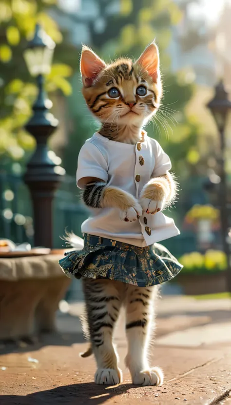 masterpiece,highest quality,animal,a bit,cute,no humans,kitten:minuet,plain t-shirt and mini skirt outfit,standing on hind legs,...