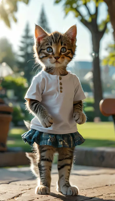 masterpiece,Highest quality,animal,a bit,cute,No humans,kitten:Minuet,Plain T-shirt and mini skirt outfit,Standing on hind legs,The background is park