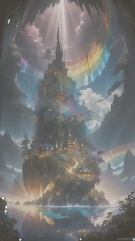 Super detailed, Super complicated, Extremely precise, Mysterious Island, Gothic fantasy meets crystal art, High transparency, Dark fantasy collaboration, Fantastic rainbow-colored mirror reflection, Transparent full color clear water, Sunlight casts a dram...