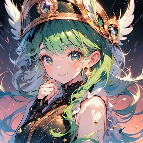 Masterpiece,Green Hair、Gabriel、Detail eyes、smile,(((White wing)))、Gold eyes,Black hat ,wearing european antique clothes,Upper Body, Star background