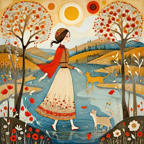 In the style of Albena Vatcheva. Stylized figures. Ethereal woman, wearing a wide skirt with flower and leaf motifs, walks on the waters of a river, on the banks of the river light brown cats with red collars walk. In the background mustard-colored sunshin...