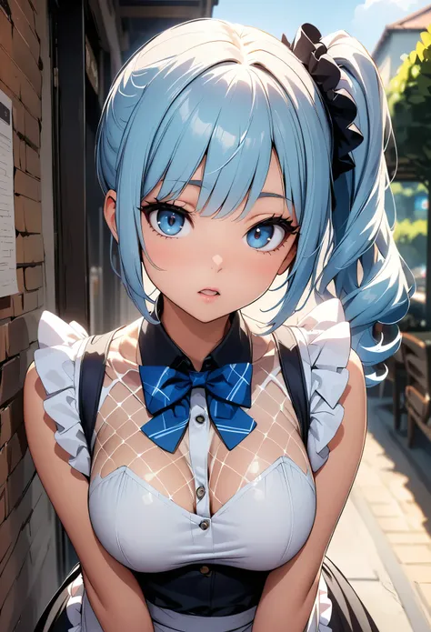 (Highest quality:1.24, Very detailed, Delicate and beautiful CG art, Detailed illustrations, Attention to detail, masterpiece:1.2, Highest quality, Best aesthetics), (((1 girl))), JK, ((Body net:1.2, Frills, Sexy maid)), Open your mouth:1.2, (Light blue ha...