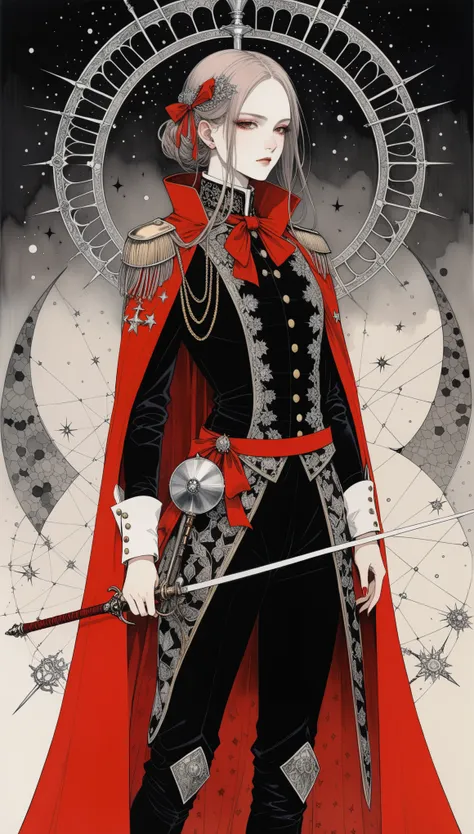 (in style of Harry Clarke:0.5),in style of Santiago Caruso,
1girl,holding a fancy rapier in his hand,military uniforms,neckwear_request,red generals cape,ribbon,