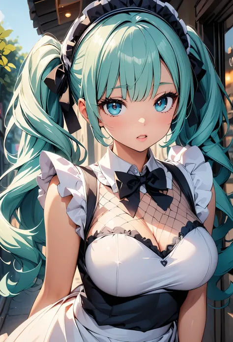 (Highest quality:1.24, Very detailed, Delicate and beautiful CG art, Detailed illustrations, Attention to detail, masterpiece:1.2, Highest quality, Best aesthetics), (((1 girl))), JK, ((Body net:1.2, Frills, Sexy maid)), Open your mouth:1.2, (Aqua Hair, Hi...