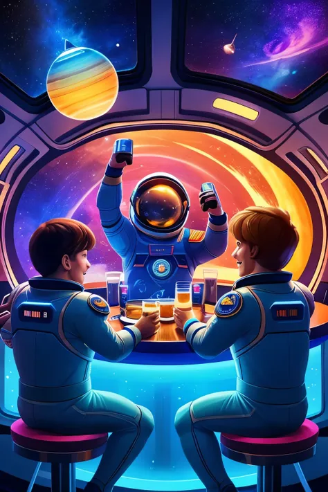 "a playful, whimsical illustration of four human astronauts with round helmets around a table inside a futuristic spaceship, eac...