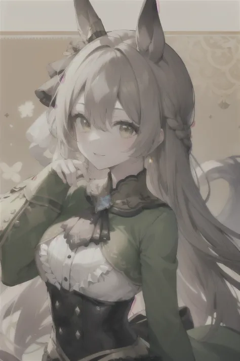 masterpiece, Highest quality, High resolution, smile, Patterned Background, View your viewers, (large chest:0.8),
Asato, Long Hair, Half Up, Braiding, Hair between the eyes, Animal ears, earrings, Horse tail, chest, Frills, Black Ascot, Green Dress, (Sleev...