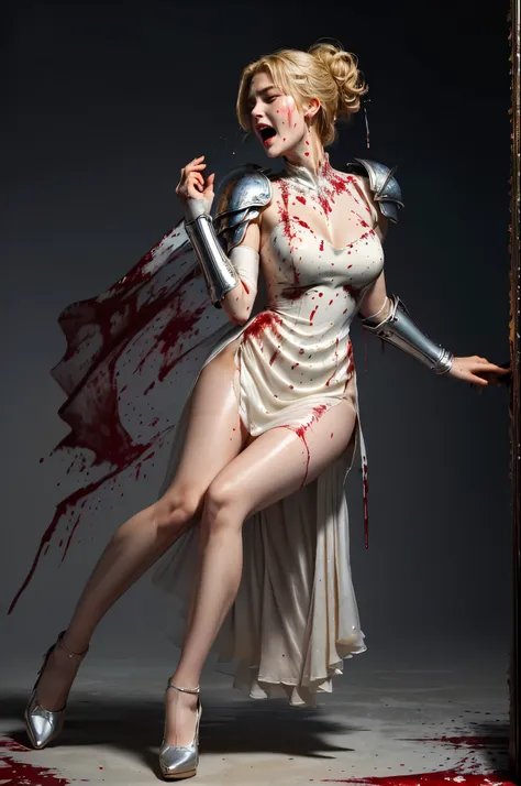 masterpiece, best quality photo, a beautiful 25 years old woman in armor and sheer evening_gown is screaming and bleeding, body ...