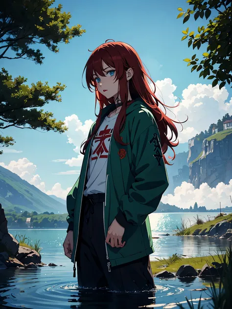 Boy. Männlich. Red lipstick. Runen magier. Runes. Runenschrift. Runen Tattoo. More anime style. blue flames. 2d. flatter. anime style. Green clothing. Viking clothing. soft. More anime. Standing in a lake. More anime. More 2d. Clean. More anime. 2d. Glow. ...