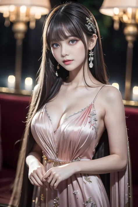 (Very detailed8k生写真, masterpiece, Highest quality, Very detailed), (Better lighting, Better Shadows, Very delicate and beautiful), floating, High saturation, Dynamic Angle, ((One girl)), nice, Ningguang City(Orchid Evening Dress) Gray Hair, Red eyes, Very ...