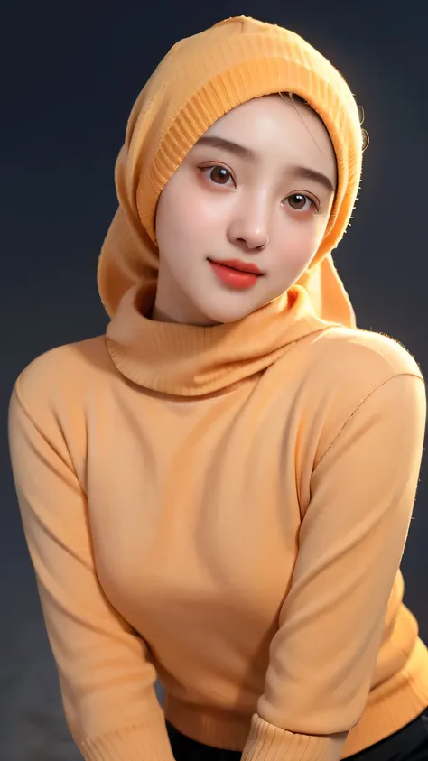 a 20 yo woman,hijab, soft orange sweater, dark theme, soothing tones, muted colors, high contrast, (natural skin texture, hyperr...