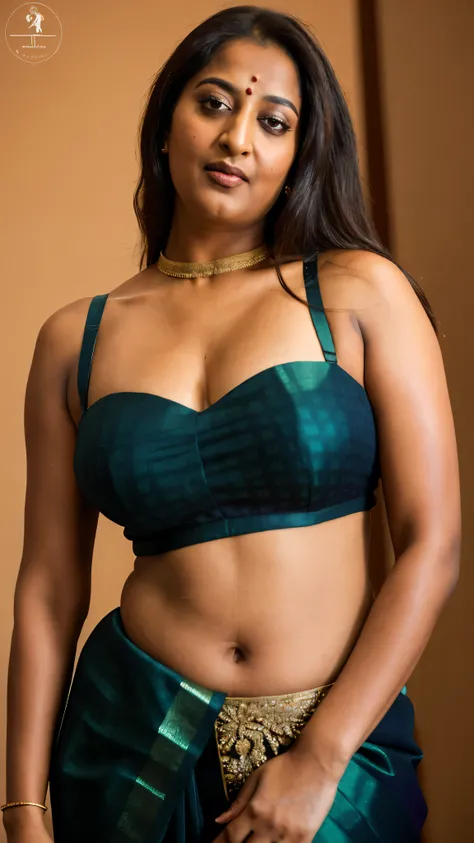 Foto RAW, photorealistic, photography, full body shot, 60 years old Woman, mascara, eye kajal, juicy figure, master shot, perfect eyes, goddess like beauty, pierced eyes, perfect thick chubby mallu Desi aunty bhabhi, Wearing a Stanapatta, a chest-band.Sare...