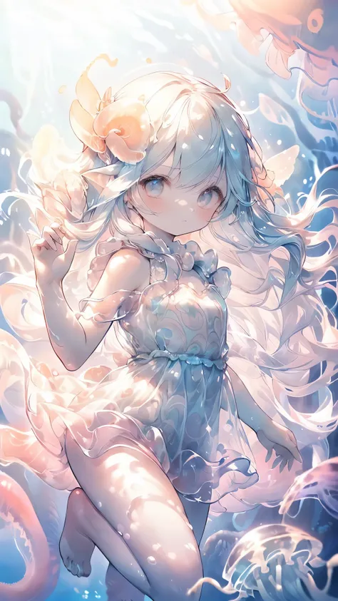 (Girl with jellyfish pattern:1.3), (Flowy transparent dress:1.2), (Luminescence:1.3), (Long wavy hair，Tentacle:1.2), (The movements are graceful:1.3), (Underwater atmosphere:1.2), (Floating Effortlessly:1.2), (Soft colors:1.1), (Ethereal Beauty:1.3), (Surr...