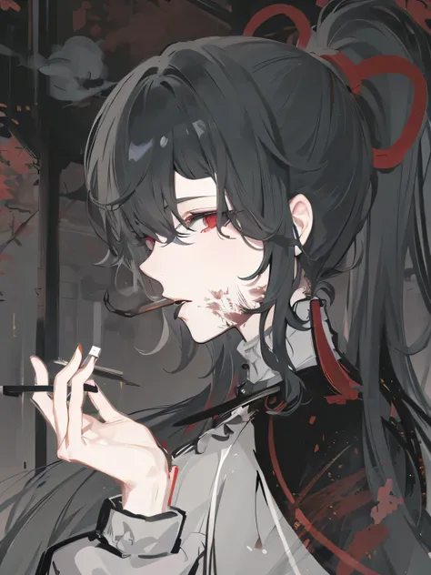 Black hair，Red eyes，Profile，Cool sister，Smoking，Glancing at the camera
