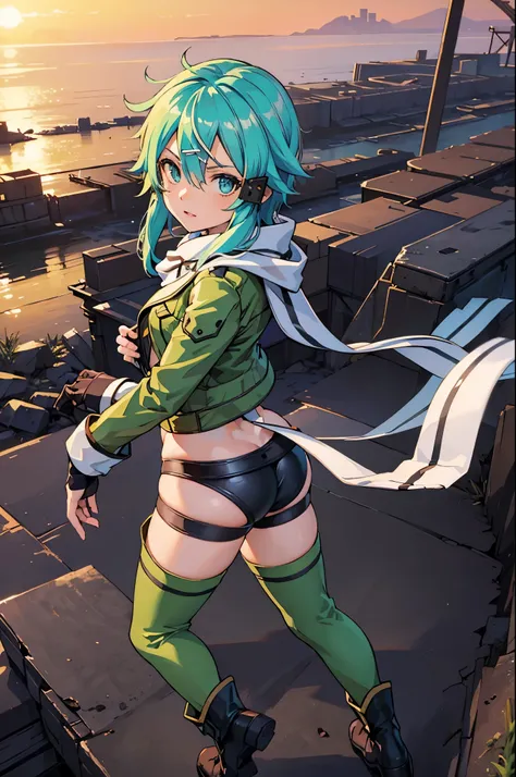 (masterpiece), best quality, expressive eyes, perfect face, highres, sinon1, scarf, fingerless gloves, long sleeves, short shorts,groin, hair ornament, hairclip, green thighhighs, green jacket,covered_nipples, thigh strap, field, sunset_ruins_landscape_bac...