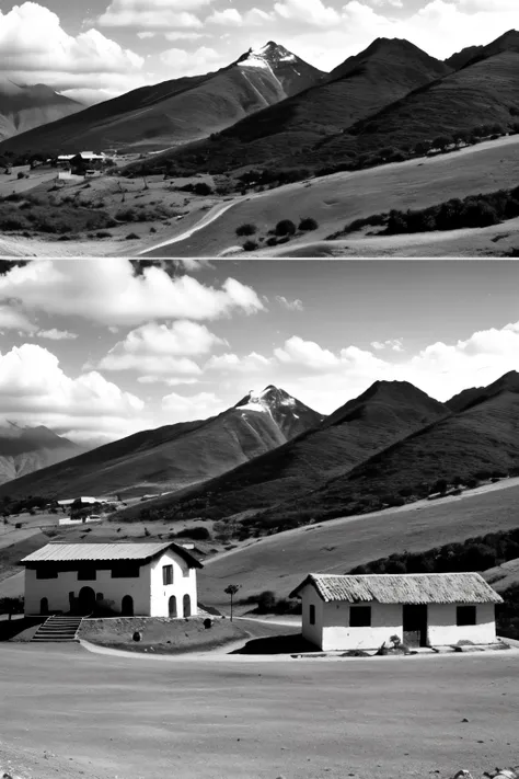 Create a black and white drawing to print and color of an Andean mountain landscape in Venezuela with no more than 8 houses with clay tile roofs, a church, with trees and fences