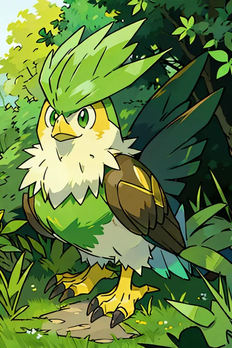 detailed anime style, cute green eagle, chibi style, all green, cute, she is on grass, lush green forest