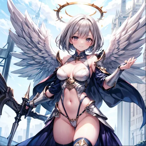 fantasy, 1angel_girl,(young_teen:1.5), ,brown_hair, medium_bob_hair, long_bangs, halo,bare_shoulder,thighhighs,silver_armor, waist_armor, large_breasts,1pair_wings, dynamic_pose_fighting,floating, bare_crotch, headgear,gauntlet, greaves,city_landscape_back...