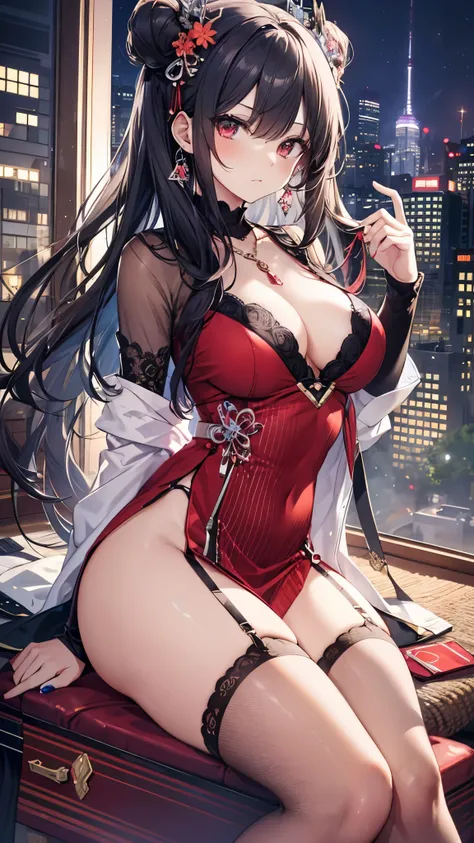 Luxury hotel with city night view　Shy and seductive look　A look of contempt　Clear red eyes　Round eyes　office lady　Japanese women　Manga illustration　Beautiful and firm breasts　Beautiful E Cup Breasts　the body is slim　Highest quality　4K Chignon Hairstyle　Hai...