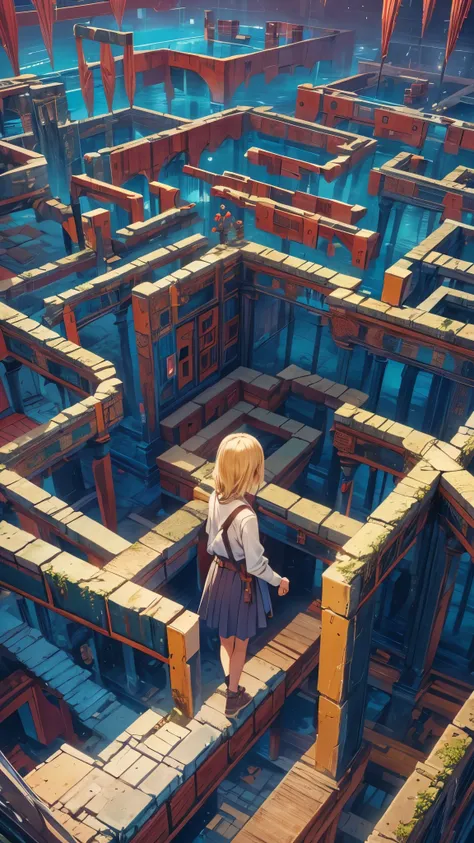 (highest quality, High resolution, Vibrant colors, Realistic), (Inside a giant maze made from a pool), 1 girl, 20-year-old female, Wearing military-style clothing, short blonde, walk through the maze, Mysterious lighting, Unrealistic atmosphere, Reflection...